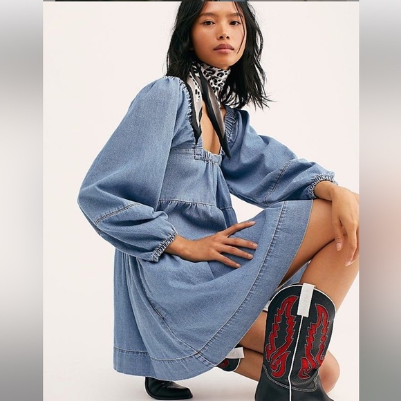 Free People “Lou Jean Babydoll Dress” square neck oversized Medium - Picture 3 of 9